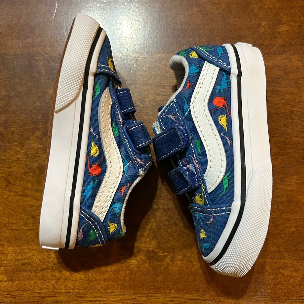 Vans Old Skool V Toddlers Sneakers Blue Dino Print Low Top Hook & Loop Size 5C